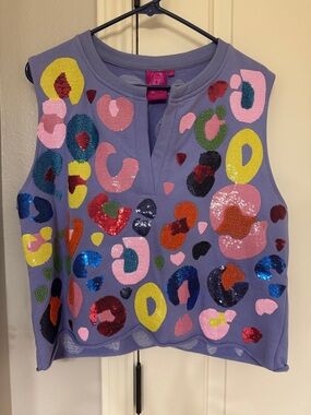 QUEEN OF SPARKLES Lavender Cardigan with Pink Tag and Multicolor Sequin Hearts